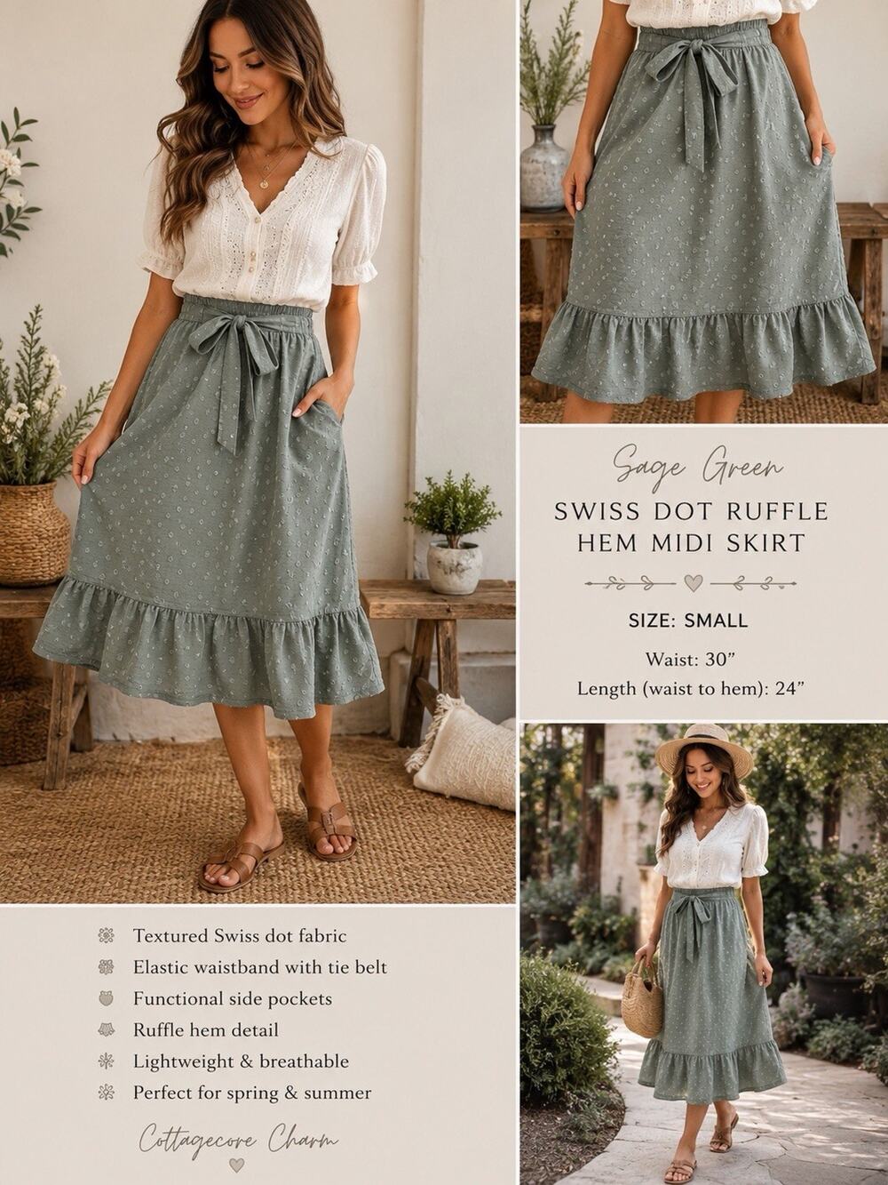 Soho Apparel Ltd Women S Sage Green Swiss Dot Midi Skirt Elastic Waist Tie Belt